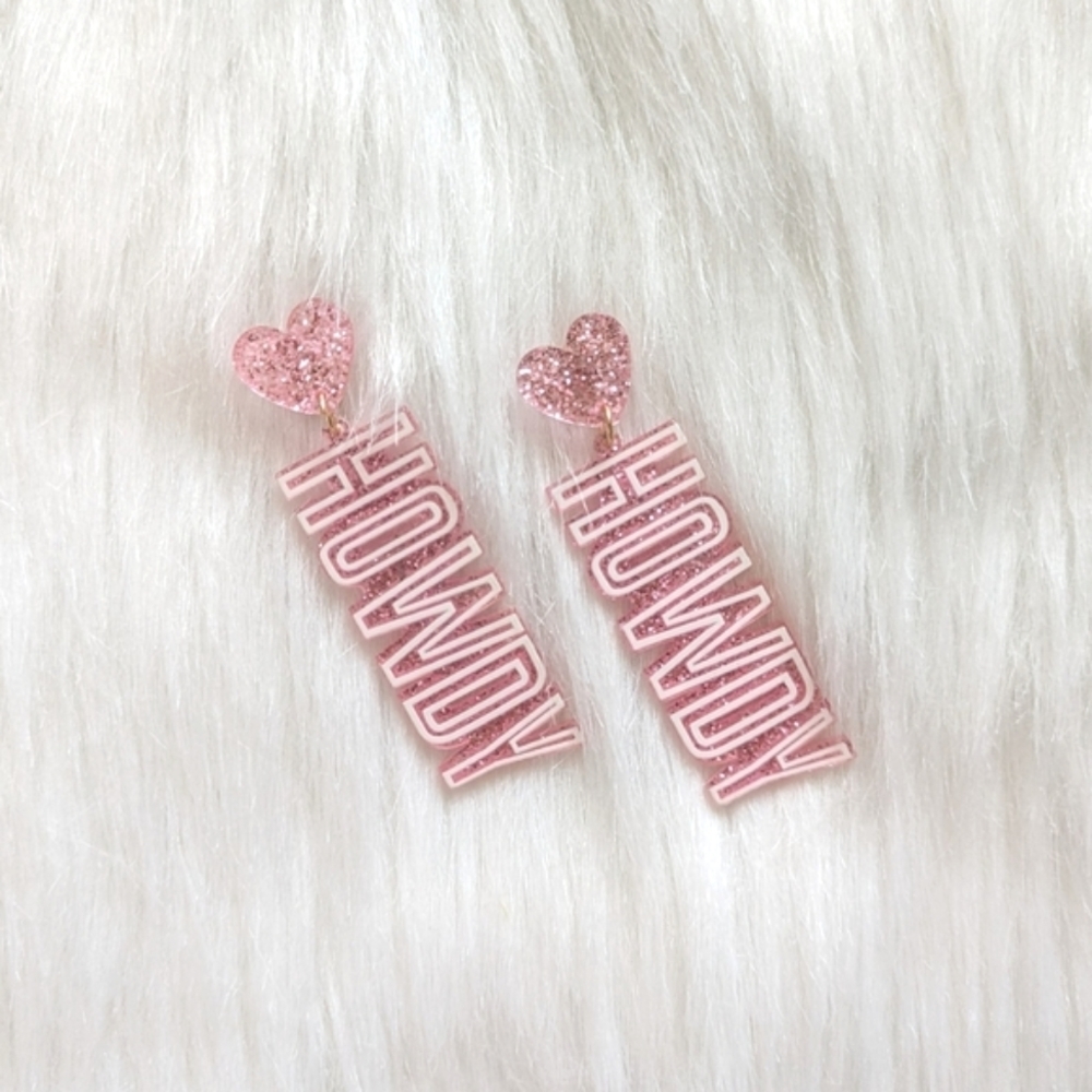 Pink and white western glitter heart howdy charm resin earrings